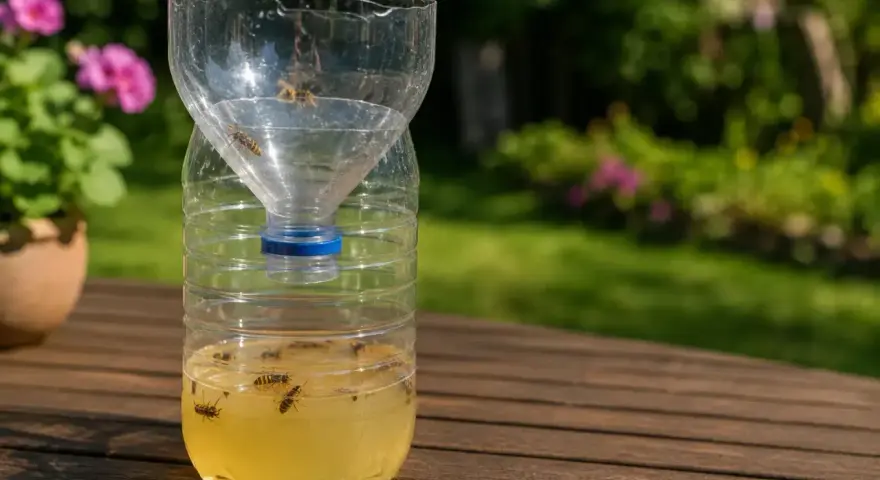 Selbstgemachte Wespenfalle aus einer PET-Flasche mit süßer Flüssigkeit, die viele Wespen gefangen hat. Ein einfaches Hausmittel gegen lästige Insekten.