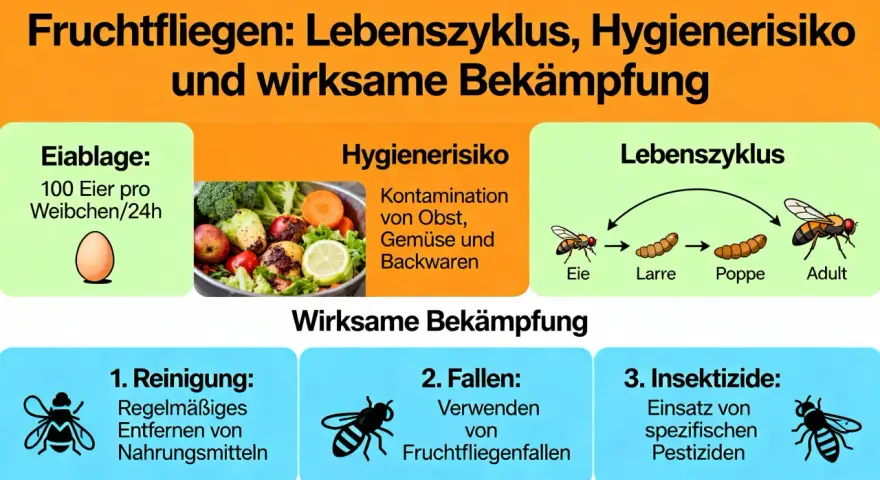 Der Lebenszyklus von Fruchtfliegen: Eiablage, Larve, Puppe, Adult. Sie legen 100 Eier/24h. Wie lange leben Fruchtfliegen? Das Bild zeigt auch Risiken und Bekämpfung.