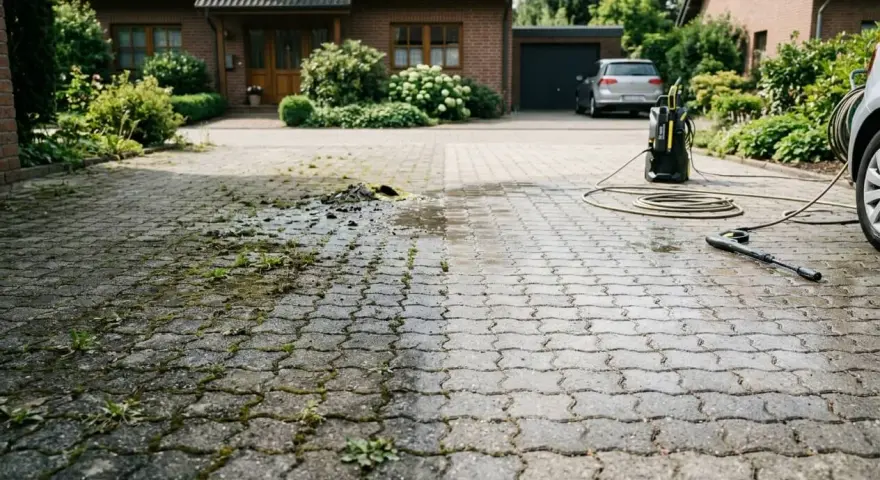 Hochdruckreiniger befreit Pflastersteine und Fugen von Moos und Schmutz. Vorher-Nachher-Effekt auf der Einfahrt vor einem Haus.