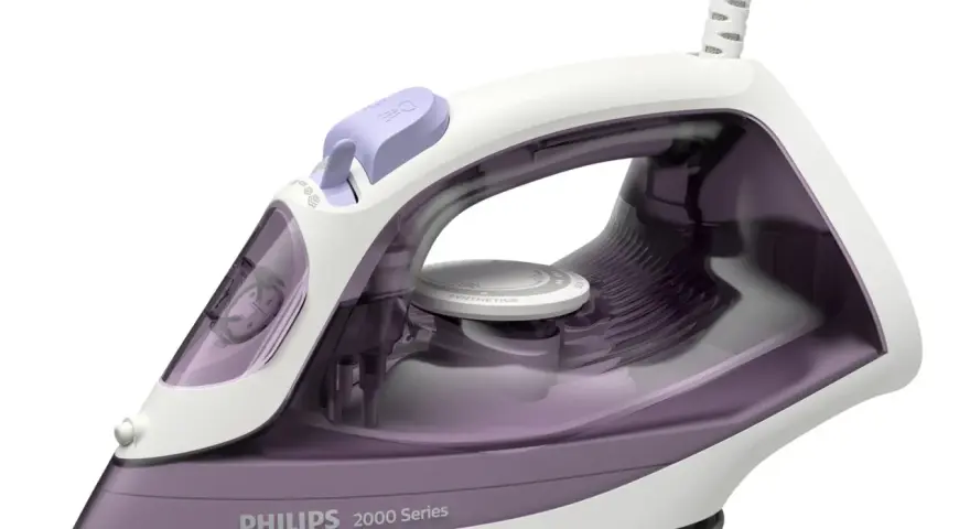 Lidl-Angebot: Philips Bügeleisen 2000 Series in Lila und Weiß, ideal für glatte Wäsche.