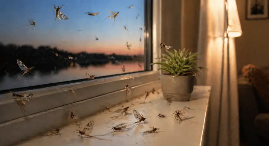 Viele Eintagsfliegen sitzen am Fenster und auf der Fensterbank. Ein Versuch, die Insekten loswerden, bevor sie sich vermehren.