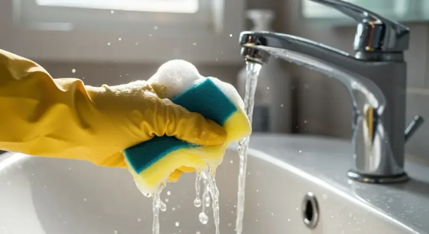 Gelbe Handschuhe reinigen mit einem nassen Schwamm das Waschbecken. Wasser spritzt.