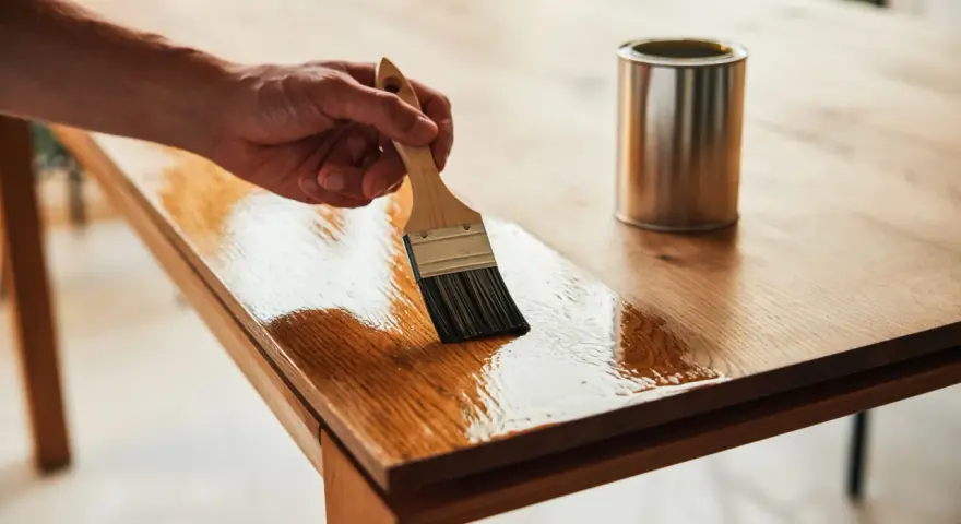 Hand streicht mit Pinsel Öl auf einen Holztisch. Dose daneben. Holztisch reinigen und pflegen.