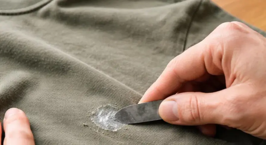 Mit einem Spachtel wird versucht, hartnäckiges Silikon aus Kleidung zu entfernen.