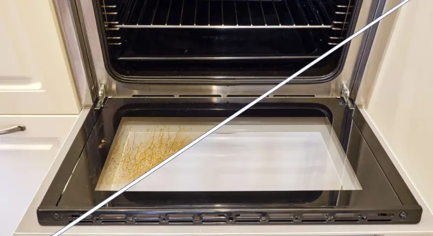 Vorher-Nachher-Vergleich: Fettige Spritzer auf der Backofen-Zwischenscheibe, die nun sauber ist. So reinigen Sie den Backofen zwischen den Scheiben ohne Ausbau.
