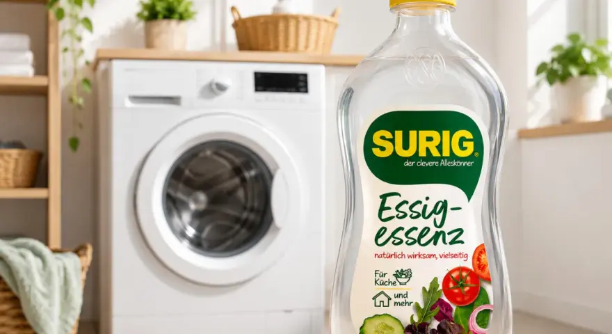 Eine Flasche Essigessenz steht vor einer Waschmaschine. Perfekt für die Küche und mehr, auch für die Wäsche!
