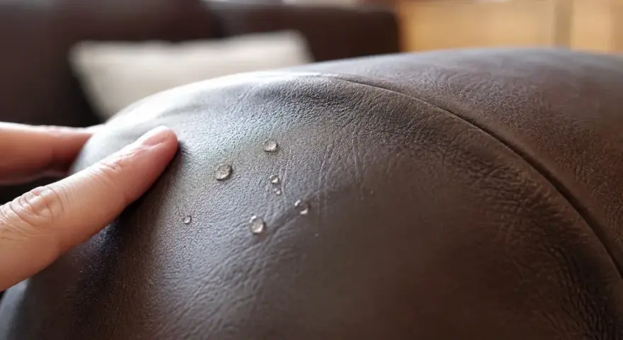 Wassertropfen perlen auf braunem Leder ab. So einfach ist nubukleder reinigen und schützen.