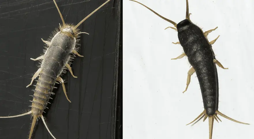 Zwei Silberfische: einer silbrig-grau mit vielen feinen Härchen, der andere dunkelgrau. Sie zeigen, wie sehen silberfische aus.