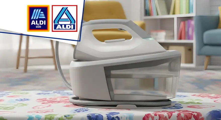 Modernes Aldi Bügeleisen mit großem Wassertank auf bunt gemustertem Tisch.