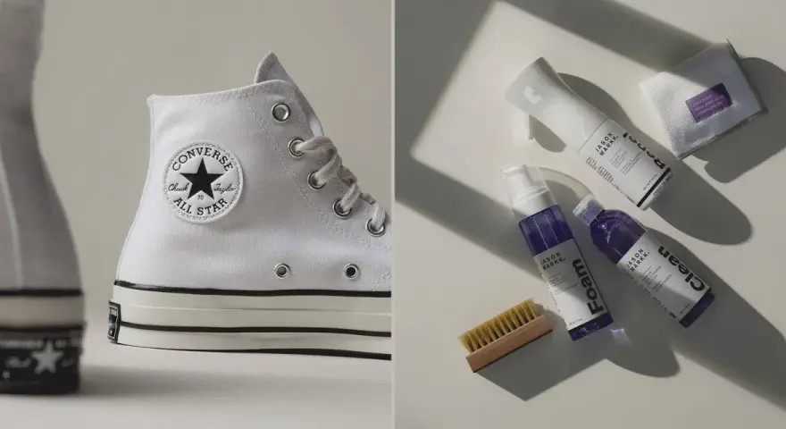 Weiße Converse und Pflegeprodukte für sneakers reinigen. Ein Set mit Bürste, Schaumreiniger und Imprägnierspray.