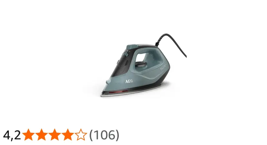 AEG Dampfbügeleisen in Türkis und Schwarz, mit Kabel und Wassertank. Perfekt für faltenfreie Kleidung.
