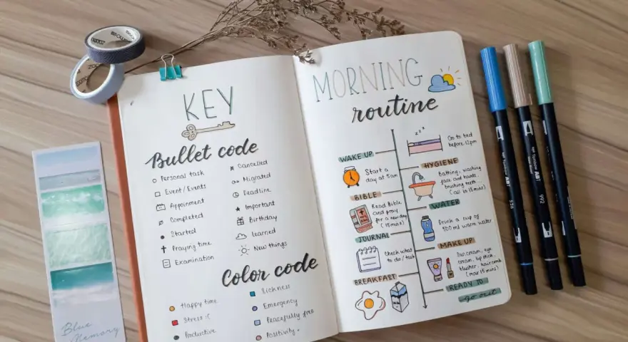 Bullet journal mit Morgenroutine und Farbcode, um Ordnung zu halten.