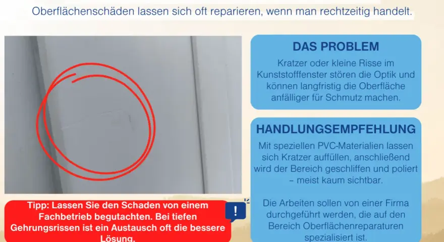 Kratzer im Kunststofffenster, das Fenster geht nicht mehr zu? Hier wird gezeigt, wie man solche Schäden repariert.