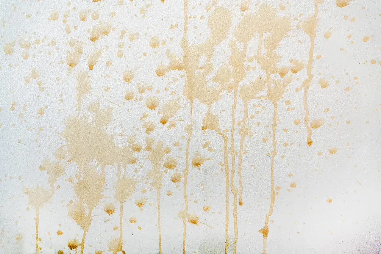 Braune Kaffeeflecken und Tropfen zieren eine wei&szlig;e Wand und erz&auml;hlen eine Geschichte von einem versch&uuml;tteten Morgenkaffee.