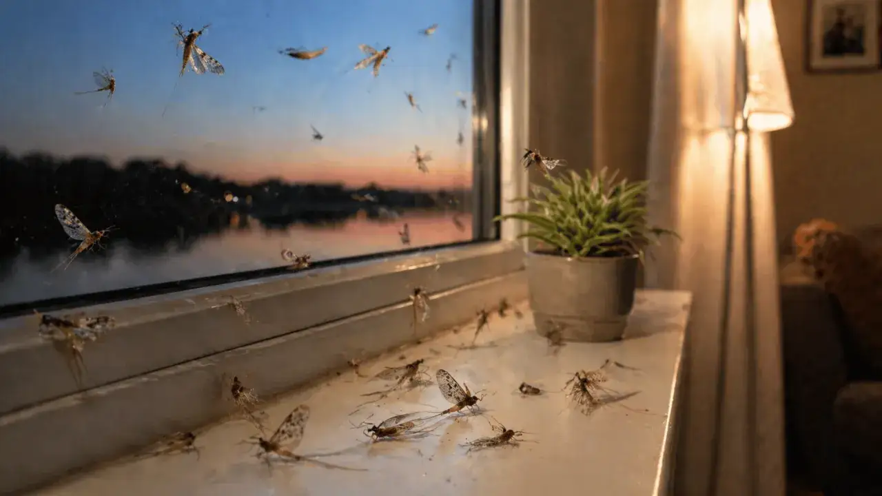 Viele Eintagsfliegen sitzen am Fenster und auf der Fensterbank. Ein Versuch, die Eintagsfliegen loszuwerden, ist hier zu sehen.