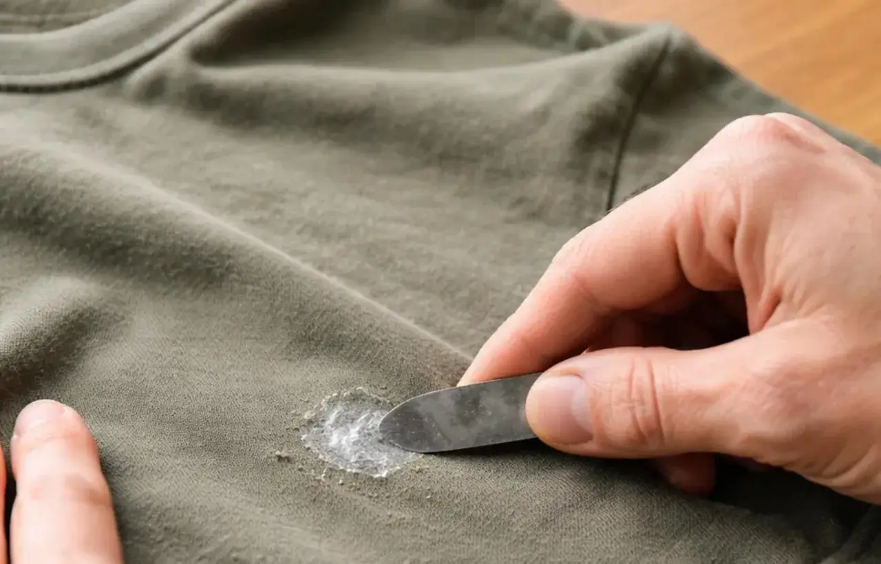 Mit einem Spachtel wird versucht, hartn&auml;ckiges Silikon aus Kleidung zu entfernen.