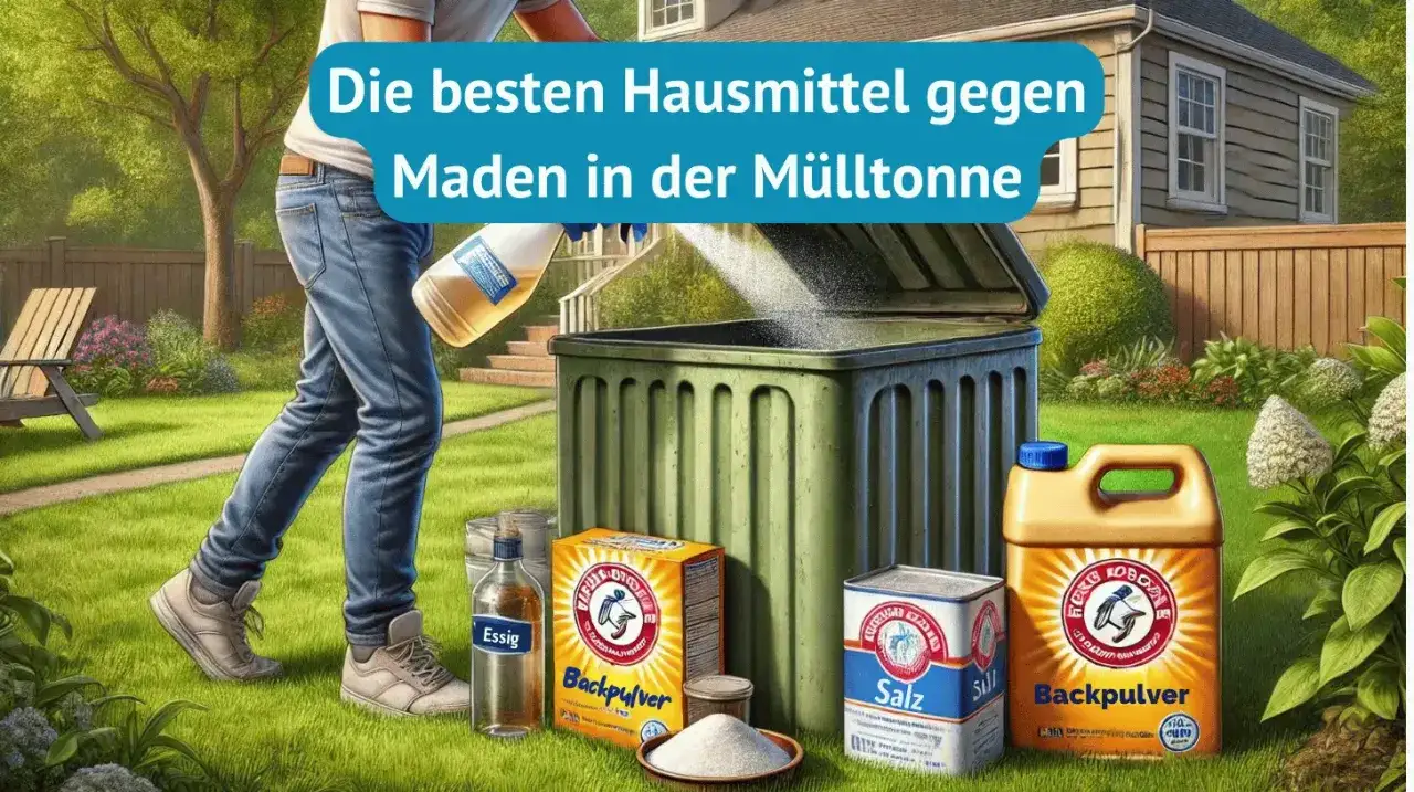 Hausmittel gegen Maden in der Biotonne: Essig, Salz und Backpulver helfen. Ein Mann sch&uuml;ttet etwas in die offene Tonne.