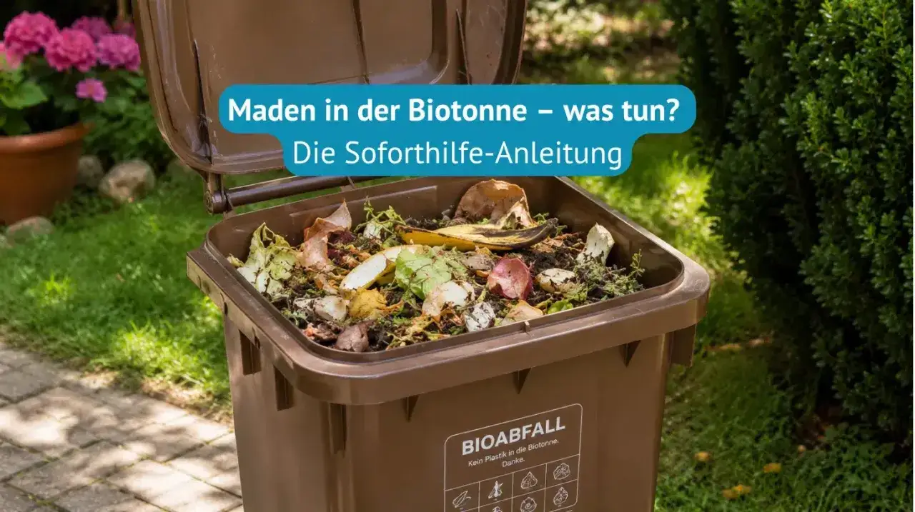 Braune Biotonne voller Bioabfall, mit Text 