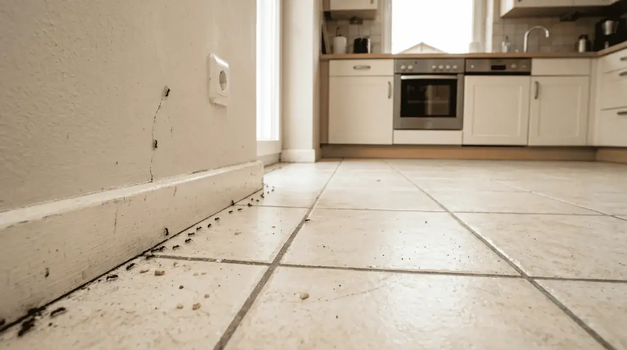 Ameisenstra&szlig;e entlang der Fu&szlig;leiste in der K&uuml;che. Was tun gegen Ameisen in der Wohnung? Hier sind die kleinen Krabbler unterwegs.