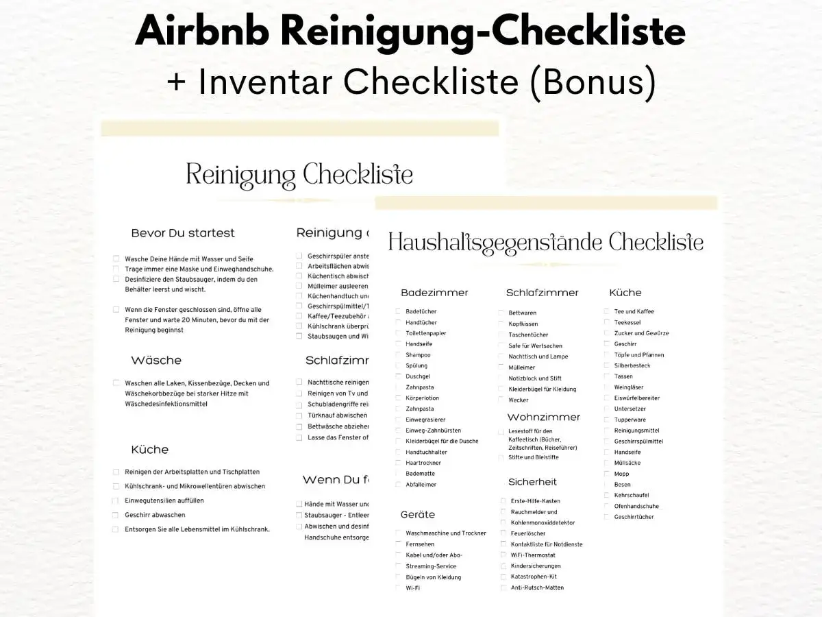 Checkliste f&uuml;r die endreinigung ferienwohnung: W&auml;sche, K&uuml;che, Bad, Schlafzimmer, Wohnzimmer, Ger&auml;te & Sicherheit.
