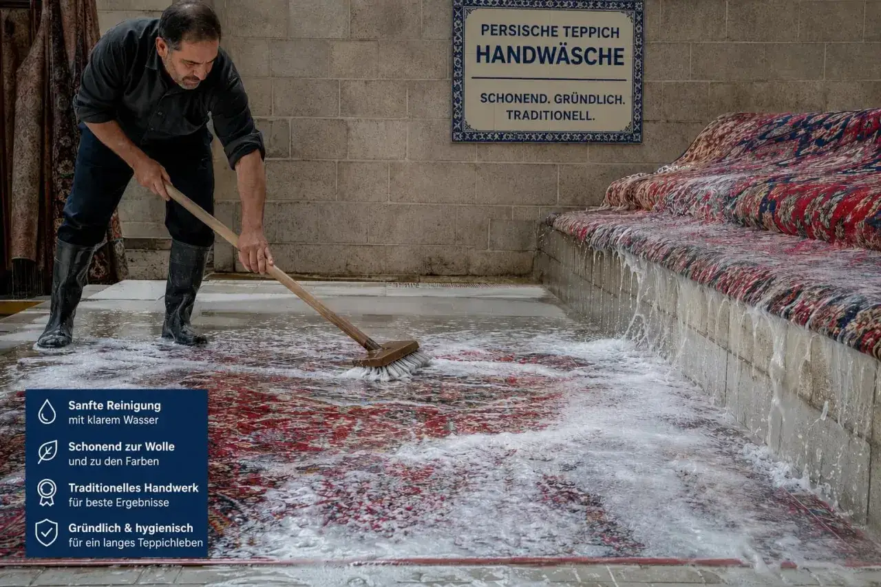 Mann b&uuml;rstet einen bunten Perserteppich mit viel Schaum und Wasser. Traditionelle Handw&auml;sche f&uuml;r ein langes Teppichleben.