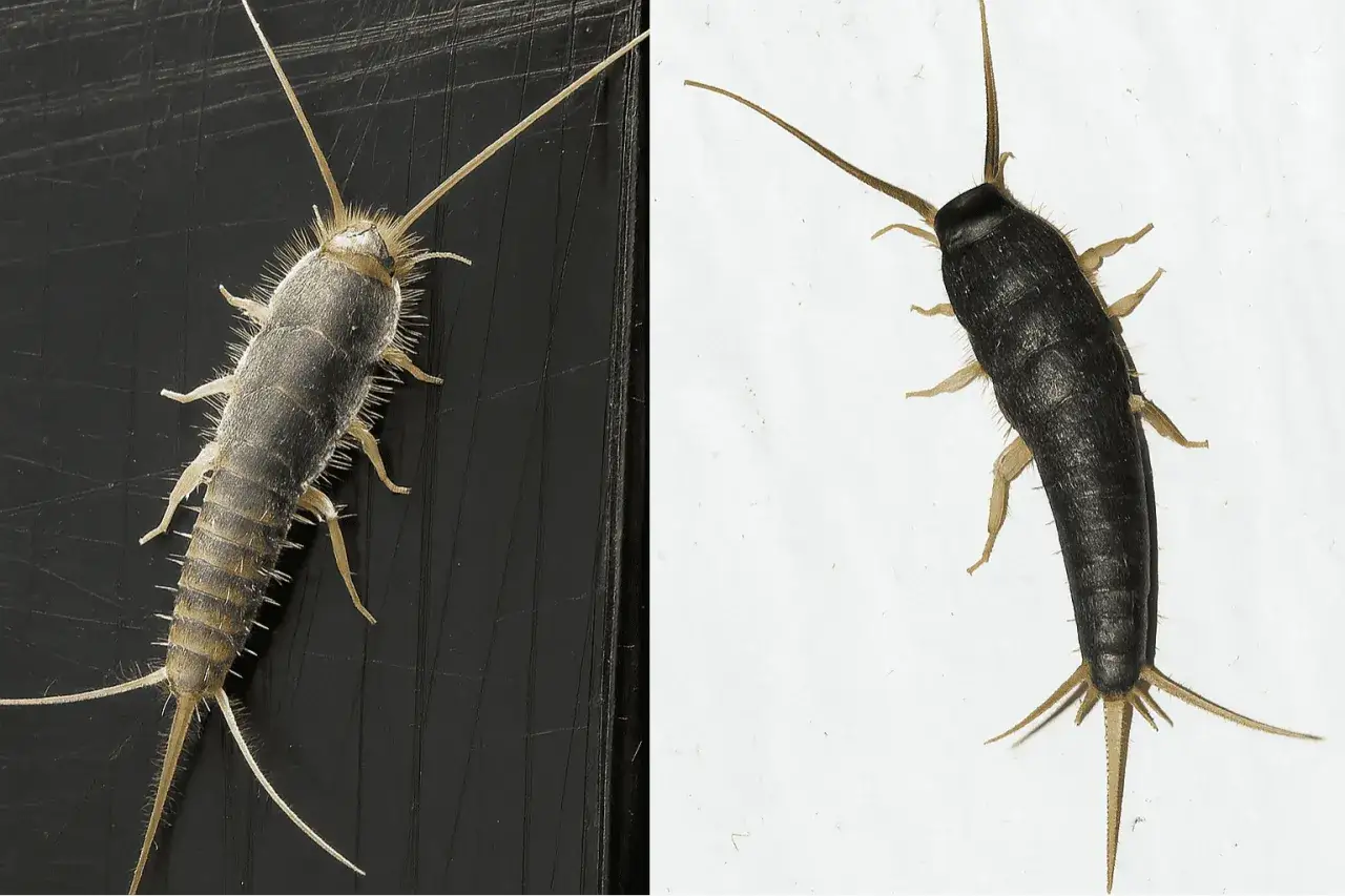 Zwei Silberfische: einer silbrig-grau mit vielen Borsten, der andere dunkelgrau. Sie zeigen, wie sehen silberfische aus.