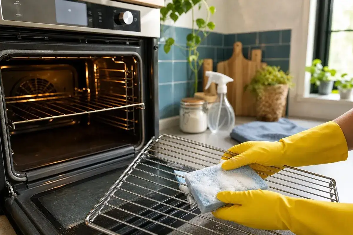 Mit gelben Handschuhen wird der ofenrost gereinigt. Ein Schwamm mit Schaum entfernt hartn&auml;ckigen Schmutz.