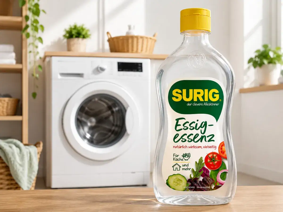 Eine Flasche Essigessenz steht vor einer Waschmaschine. Perfekt f&uuml;r die K&uuml;che und mehr, auch f&uuml;r die W&auml;sche!