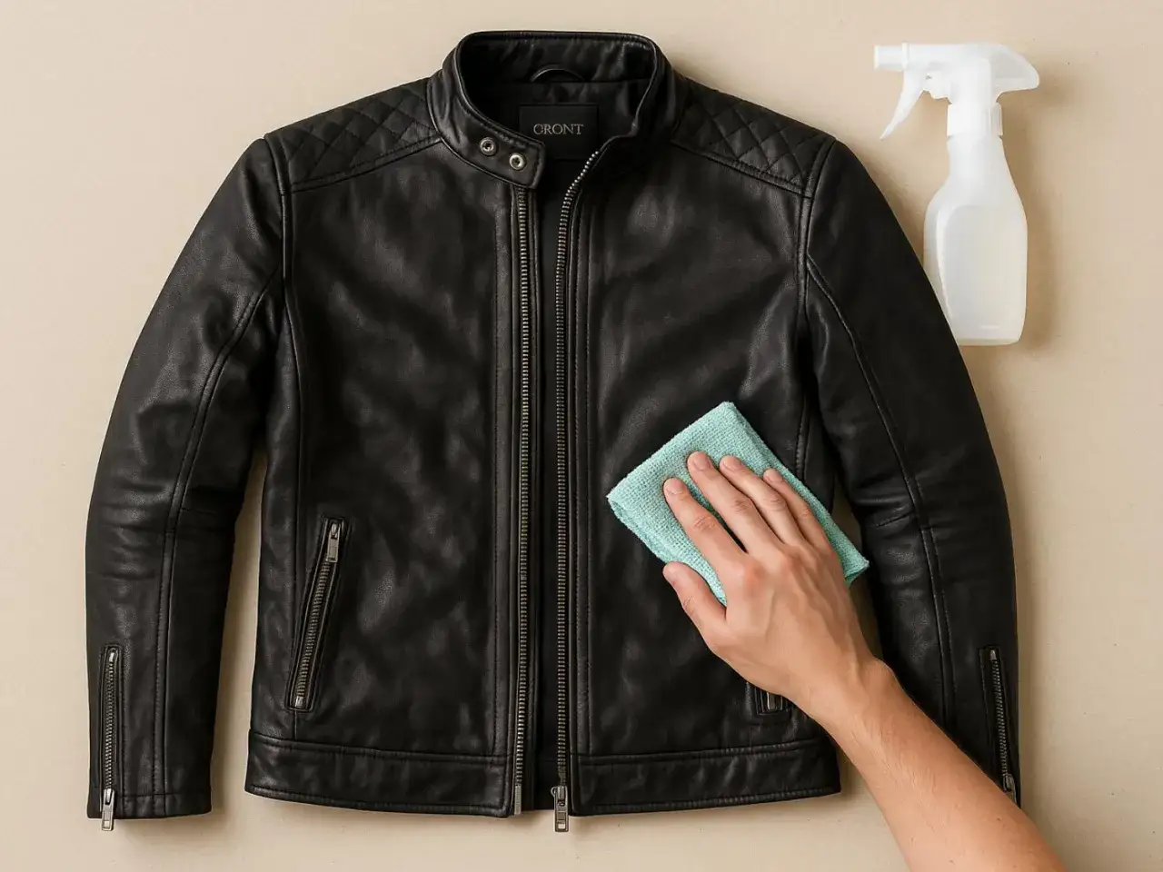 Schwarze Lederjacke reinigen mit einem Tuch und Spr&uuml;hflasche. Pflege f&uuml;r deine Lederjacke.