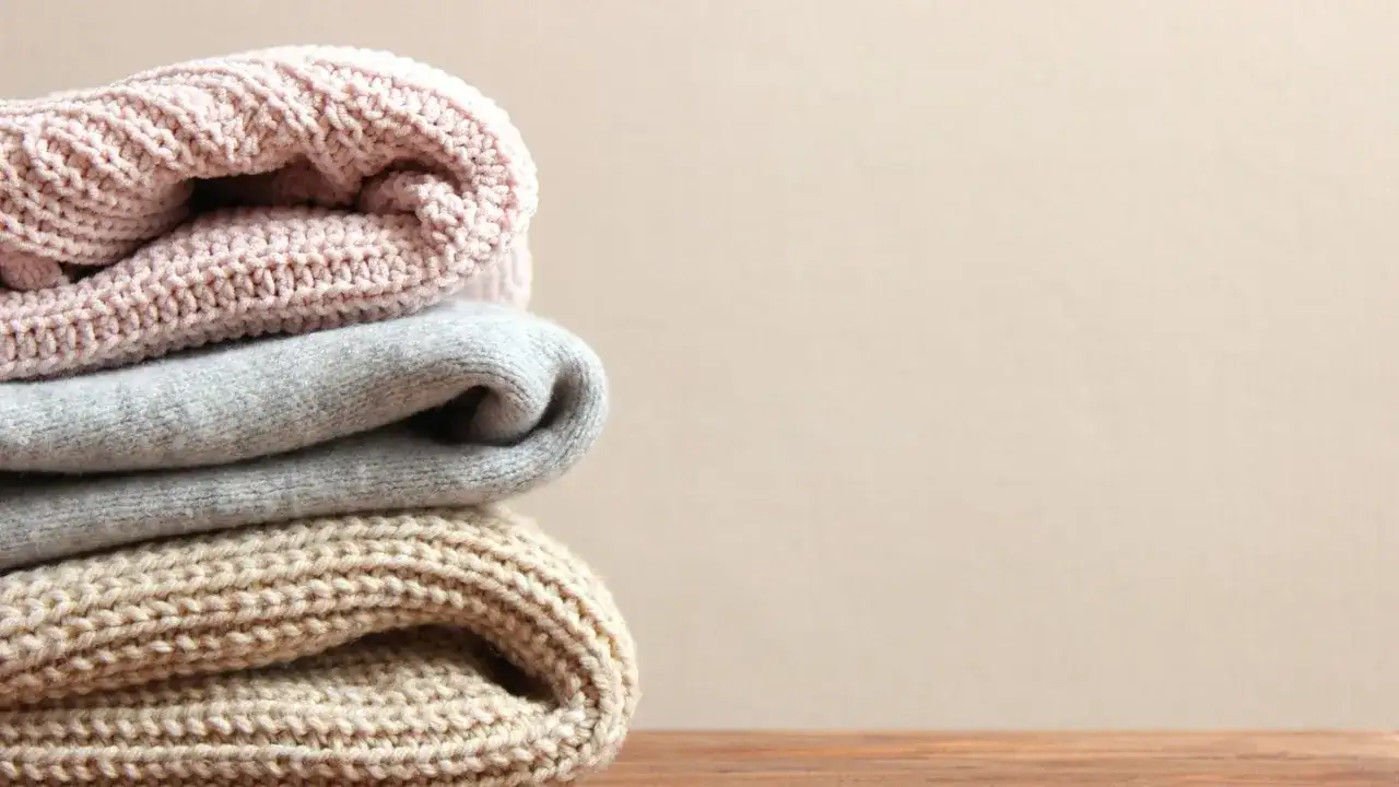 Gestapelte, weiche Strickwaren in Rosa, Grau und Beige warten auf die Wolle waschen.