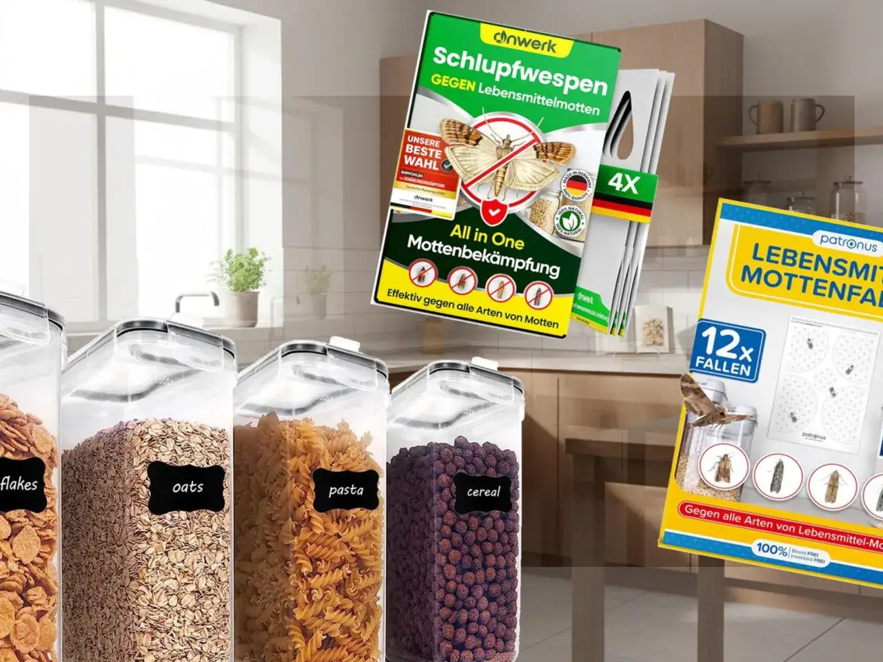 Lebensmittelmottenkot auf Fallen, die gegen Motten helfen. Vorratsschr&auml;nke mit M&uuml;sli, Nudeln und Flocken sind sichtbar.