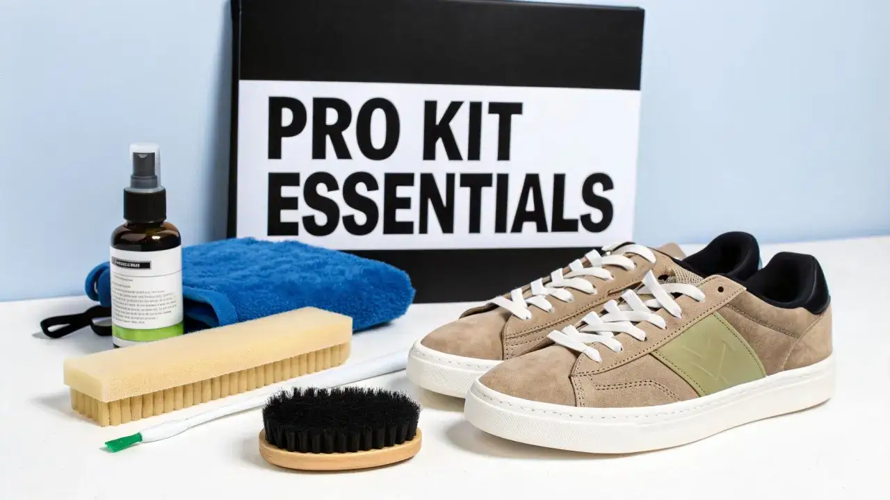 Alles f&uuml;r die Sneakers reinigen: Schuhe, B&uuml;rsten, Tuch und Reinigungsmittel.