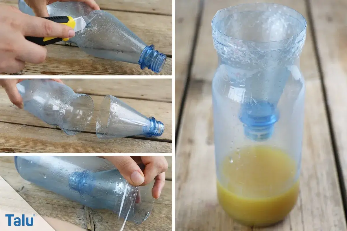 Eine selbstgemachte Wespenfalle aus einer PET-Flasche mit s&uuml;&szlig;er Fl&uuml;ssigkeit. Einfaches Hausmittel gegen l&auml;stige Insekten.