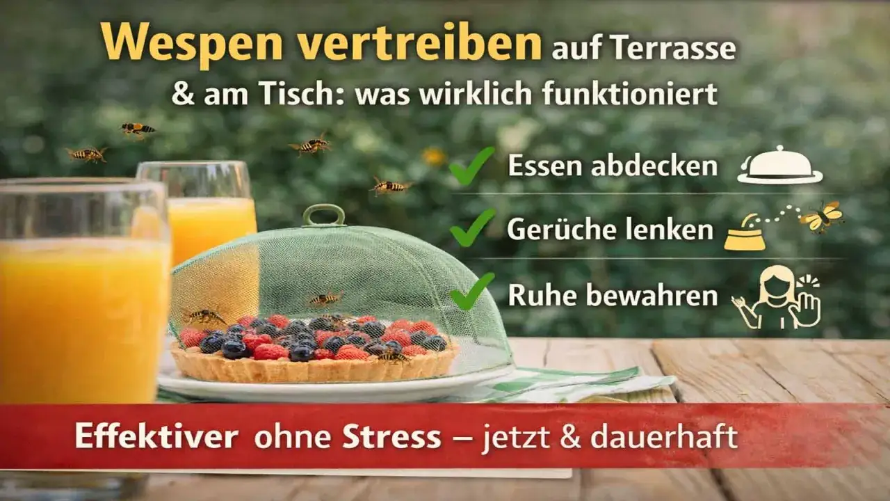 Tipps gegen Wespen: Essen abdecken, Ger&uuml;che umlenken, Ruhe bewahren. So vertreiben Sie Wespen effektiv vom Tisch.