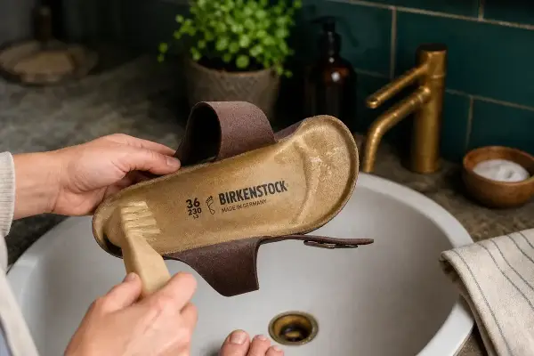 Hände reinigen Birkenstock-Sohle mit Bürste. So bleiben deine Lieblingsschuhe frisch und sauber.
