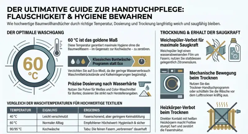 Anleitung zum Handtuch waschen bei 60°C für Hygiene und Flauschigkeit. Vermeide Weichspüler und Heizkörper beim Trocknen.