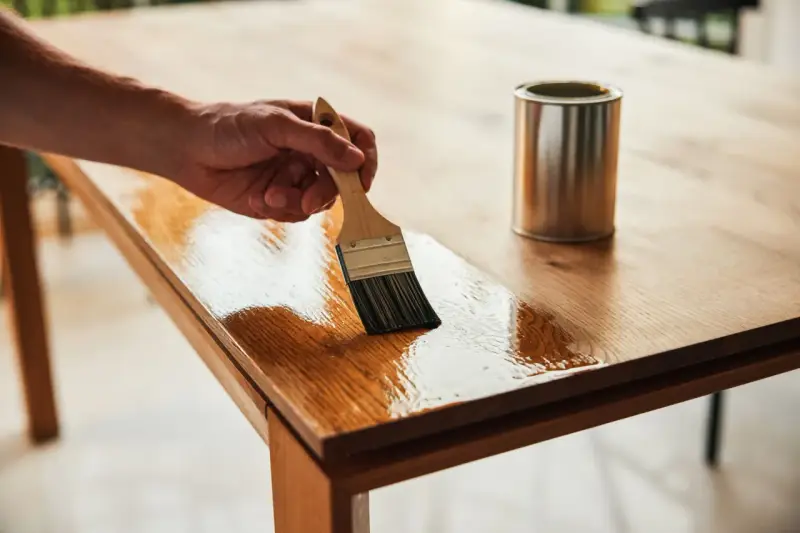 Hand streicht mit Pinsel Öl auf einen Holztisch. Dose daneben. Holztisch reinigen und pflegen.