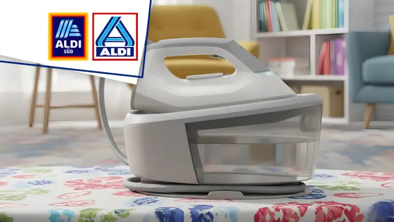 Modernes Aldi Bügeleisen mit großem Wassertank auf bunt gemustertem Tisch.